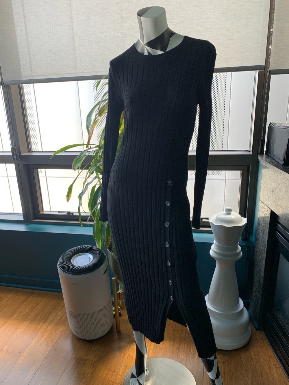 Open Edit Long Sleeve Black Ribbed Button-Side Knit Dress